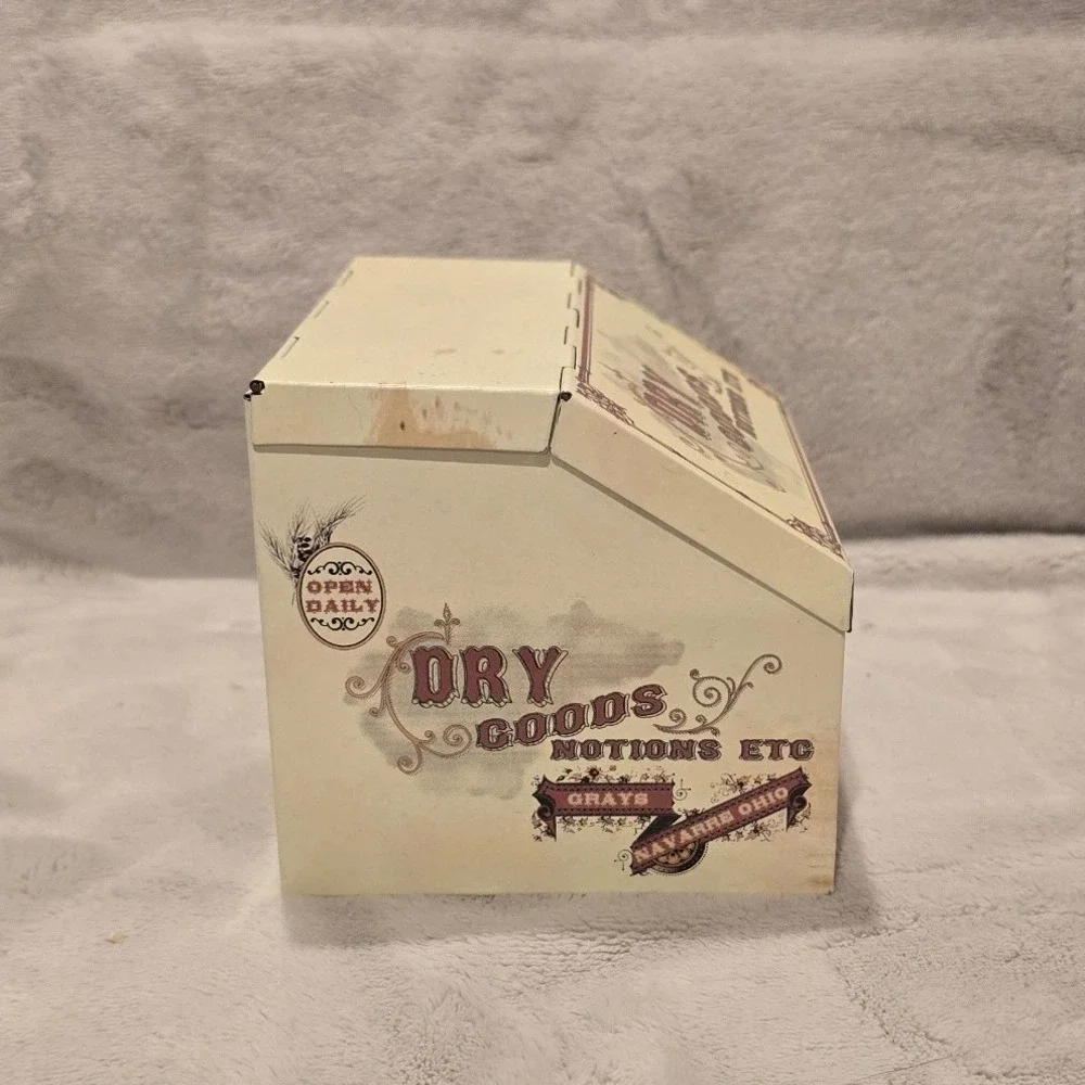 Vintage Style Dry Goods Notions Metal Storage Tin Slanted Lid Navarre Ohio Decor